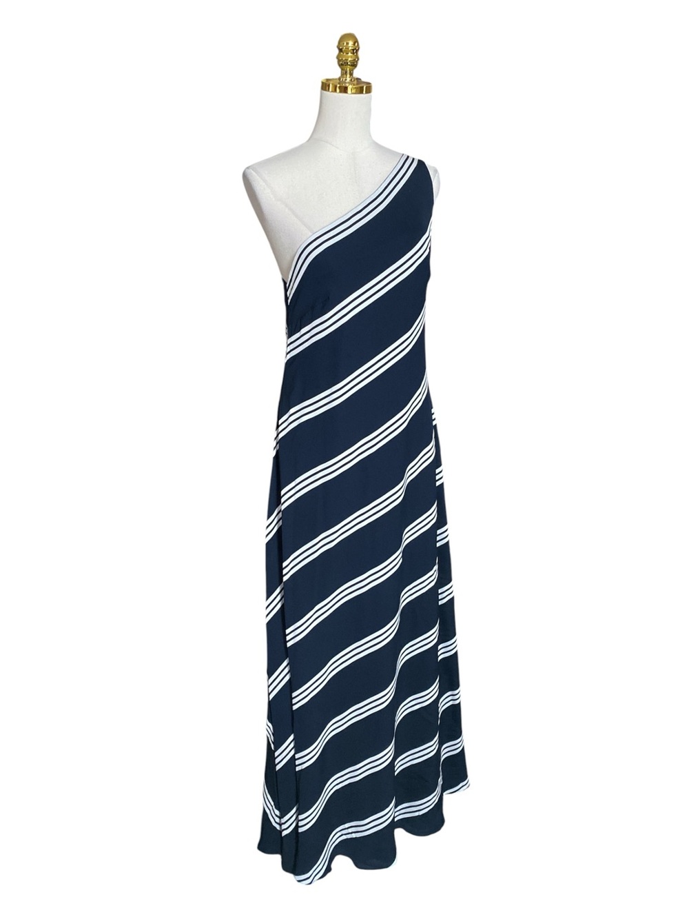 Ralph Lauren 100% Silk One-Shoulder Navy/White Striped Cocktail Maxi Dress Sz 12 - Picture 5 of 11